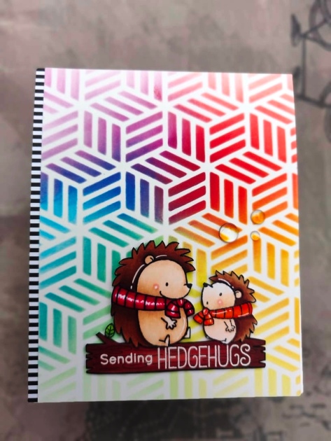 bharati nayudu MFT Hedgehogs copic colors rainbow stencil background handmade card 1
